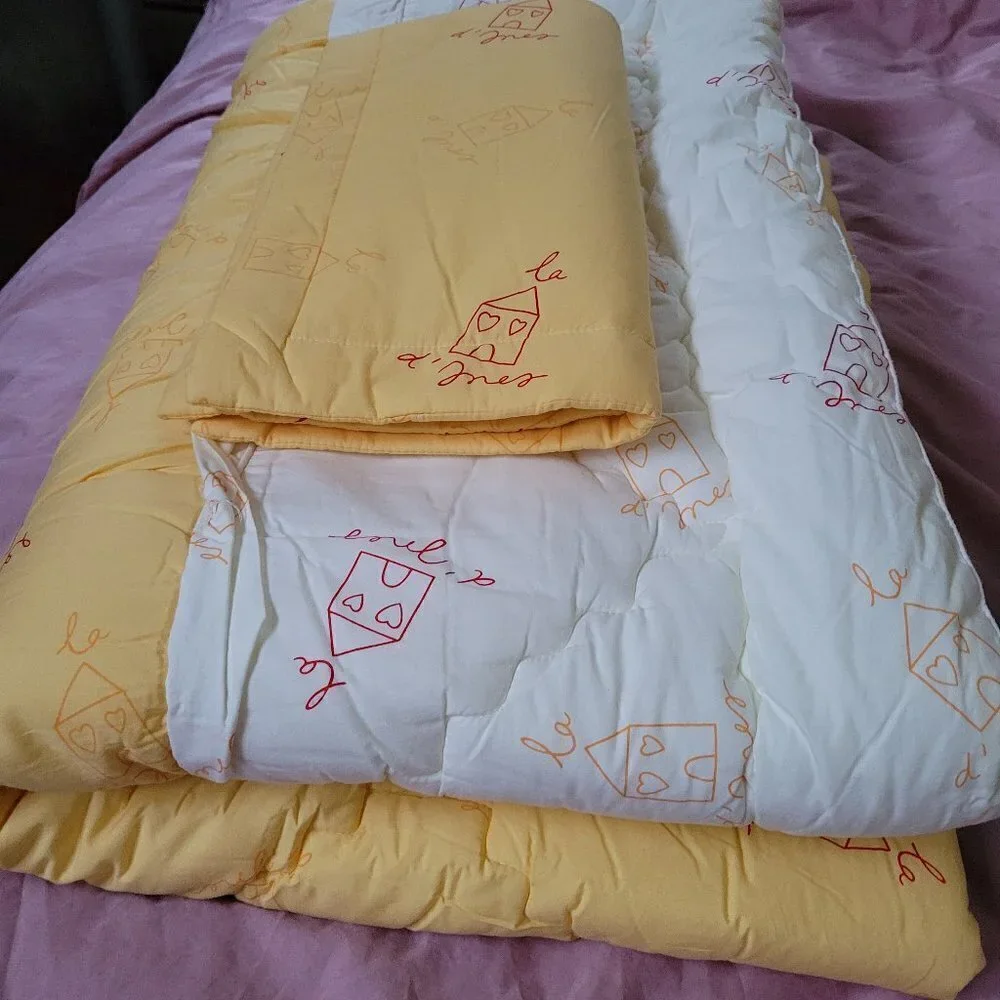 Full Size Pillow Case & Quilted Comforter Blanket House Color Block Yellow Ivory